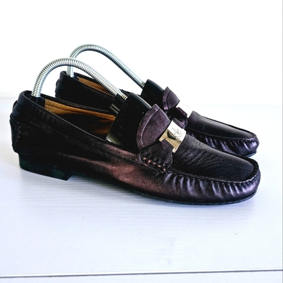 Michael Toschi Slip On Metallic Black Leather  Women's Loafers Size 40.5 - Picture 1 of 9